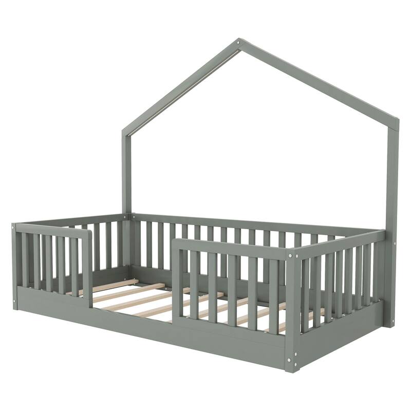 Roomfitters Twin/Full Floor Platform Bed, House Frame and LED Light with Wooden High Rails for Bedrooms or Guest Rooms