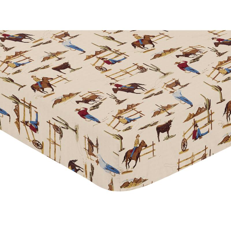 Wild West Collection Boy Jersey Knit Fitted Crib Sheet - Red, Blue, Tan Western Cowboy Southern Country Horse