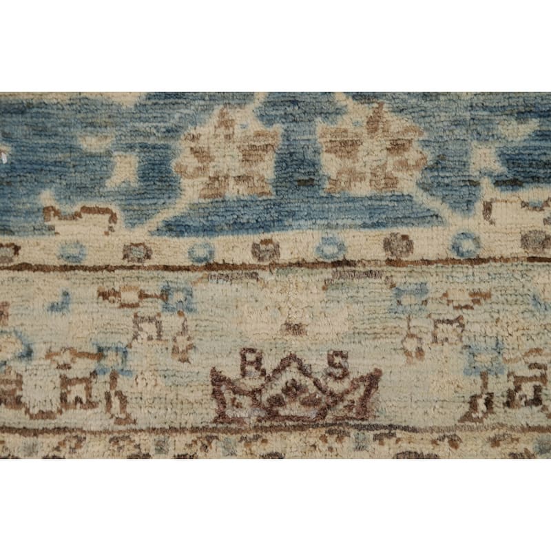 Vegetable Dye Oushak Turkish Runner Rug Handmade Blue Wool Carpet - 3'2" x 11'7"