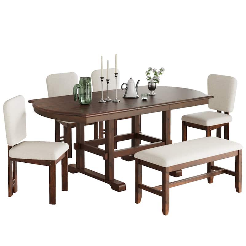 6-Piece Extendable Dining Set with Curved Top Table, Wood Kitchen Table Set with Upholstered Chairs & Bench