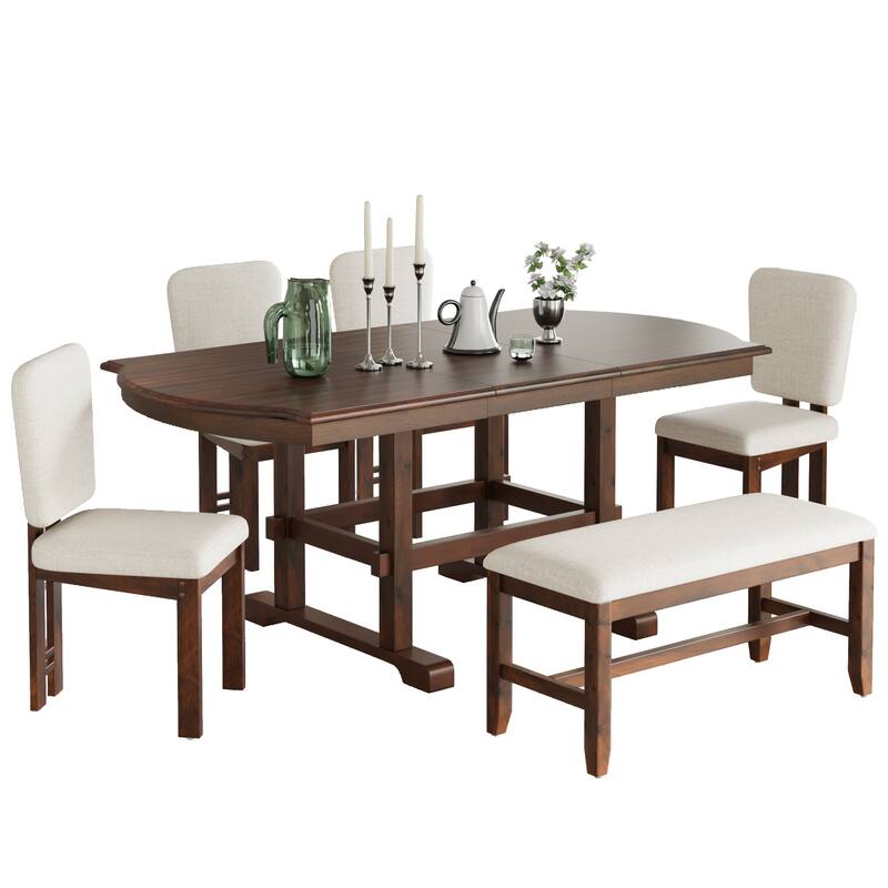 6 Pieces, Extend Dining Table Set with Bench, Removable Leaf and 4 Upholstered Dining Chairs, for kitchen and Dining Room