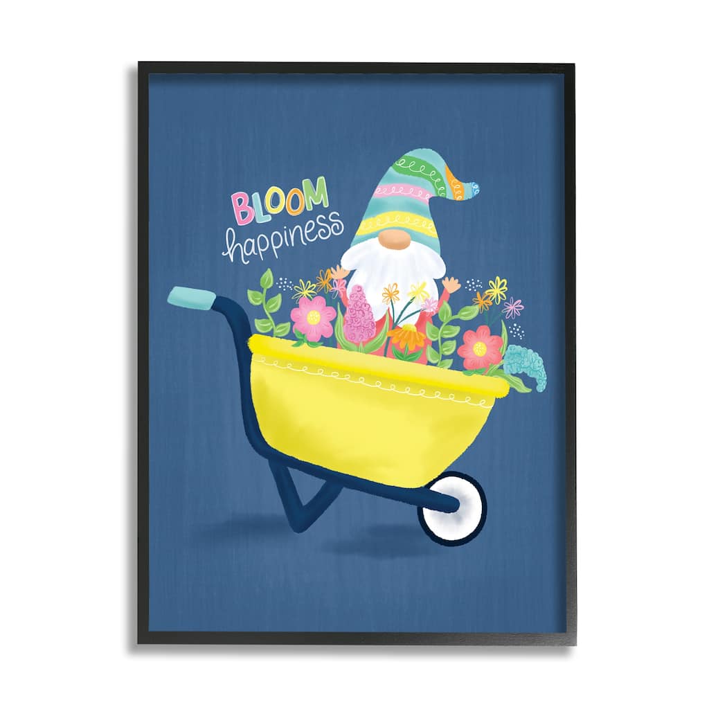 Stupell Bloom Happiness Phrase Yellow Flower Wagon Gnome Framed Wall Art - Blue