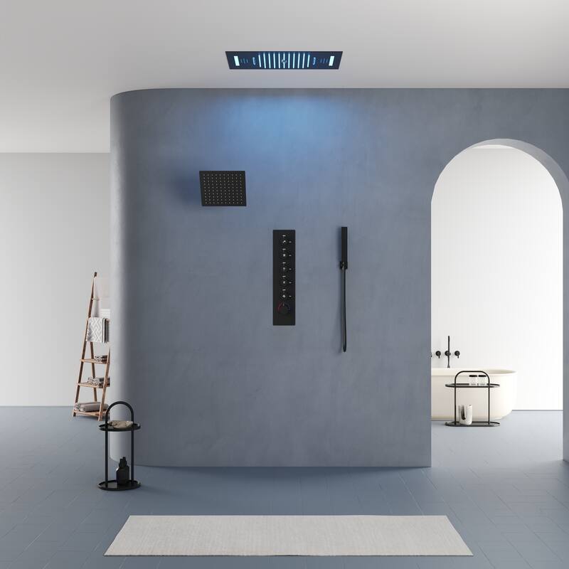 Dual Shower Heads System with 3 Spray Modes 22"*15" Ceiling and 6" Wall Mount Body Jets Handheld Spray LED Music
