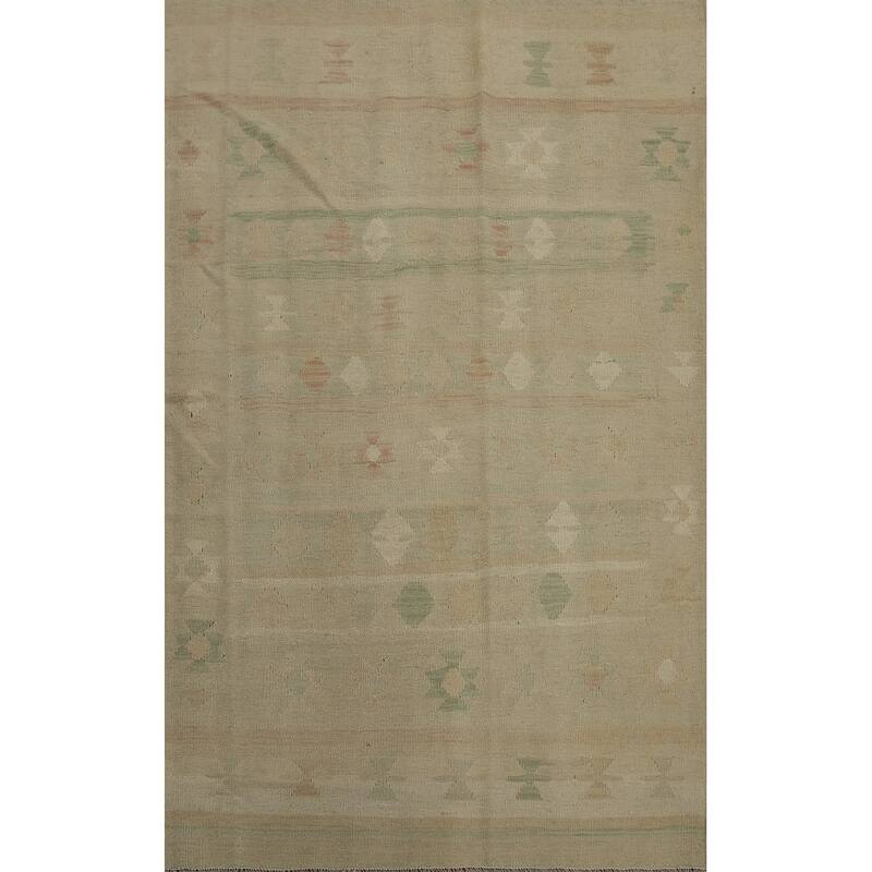 Hand Woven Oriental 100% Wool Carpet Southwestern Tribal Beige & Ivories Kilim Area Rug - 6' 0'' X 4' 0''