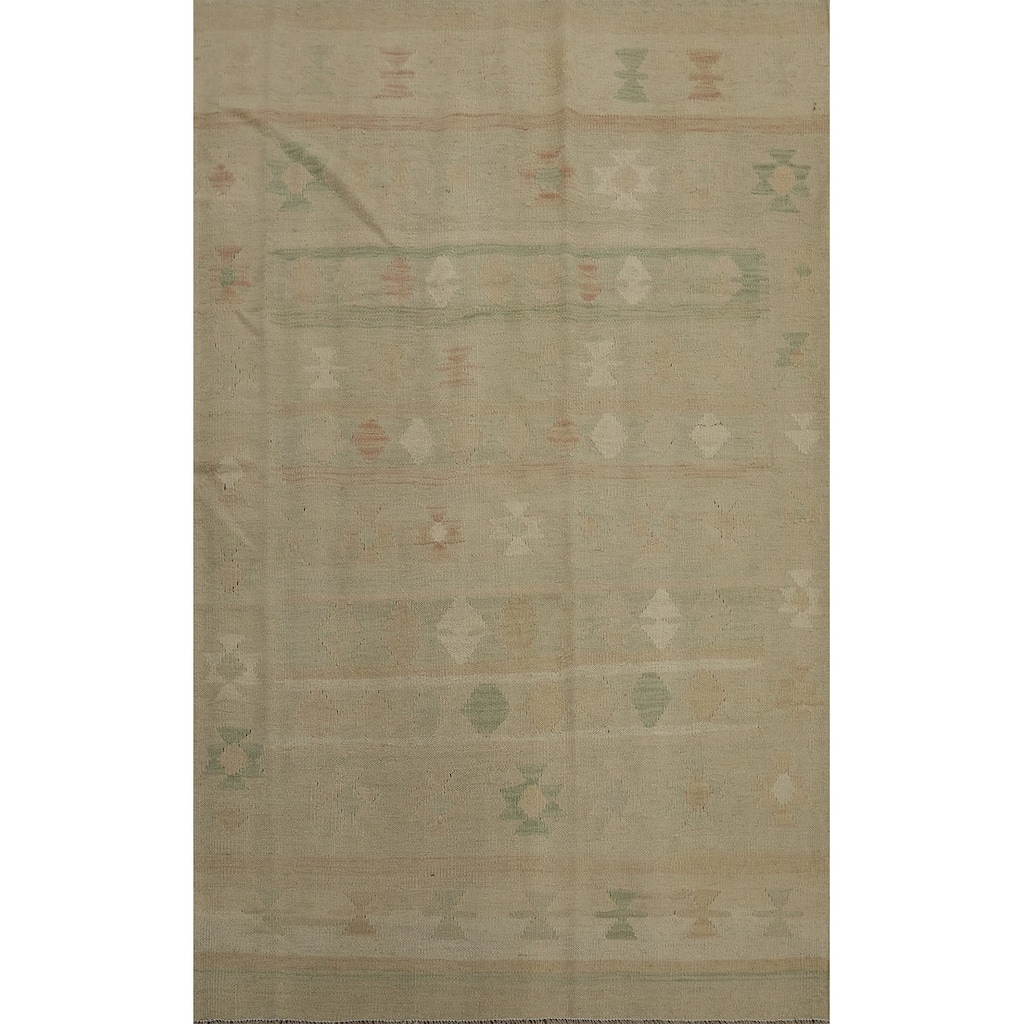Hand Woven Oriental 100% Wool Carpet Southwestern Tribal Beige & Ivories Kilim Area Rug - 6' 0'' X 4' 0''