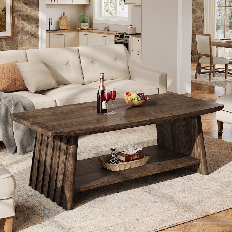 Solid Wood Coffee Table with Storage, 2-Tier Center Accent Table for Living Room Lounge Apartment