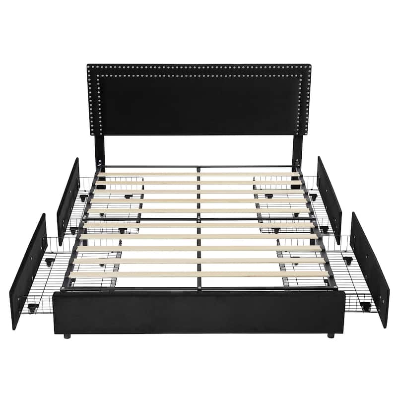 VECELO Upholstered Storage Bed Frames with 4 Storage Drawers Platform Bed Frame with Adjustable Velvet Rivets Headboard