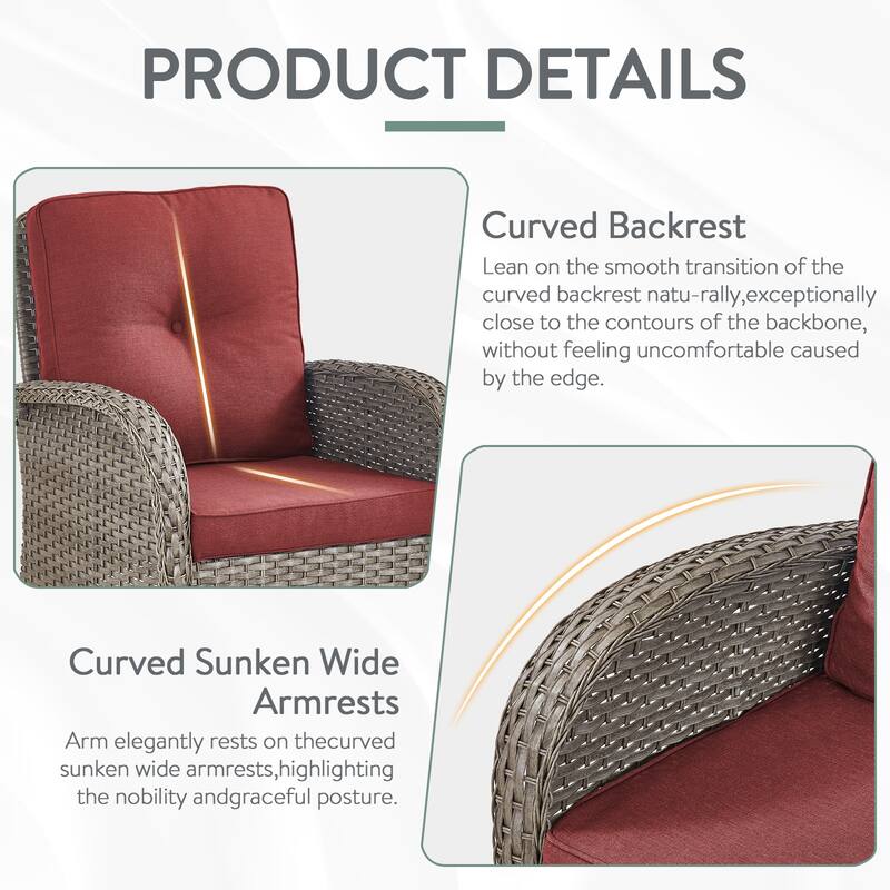 7 Pieces Swivel Chairs Sofa Table Ottomans Grey-Red - Grey