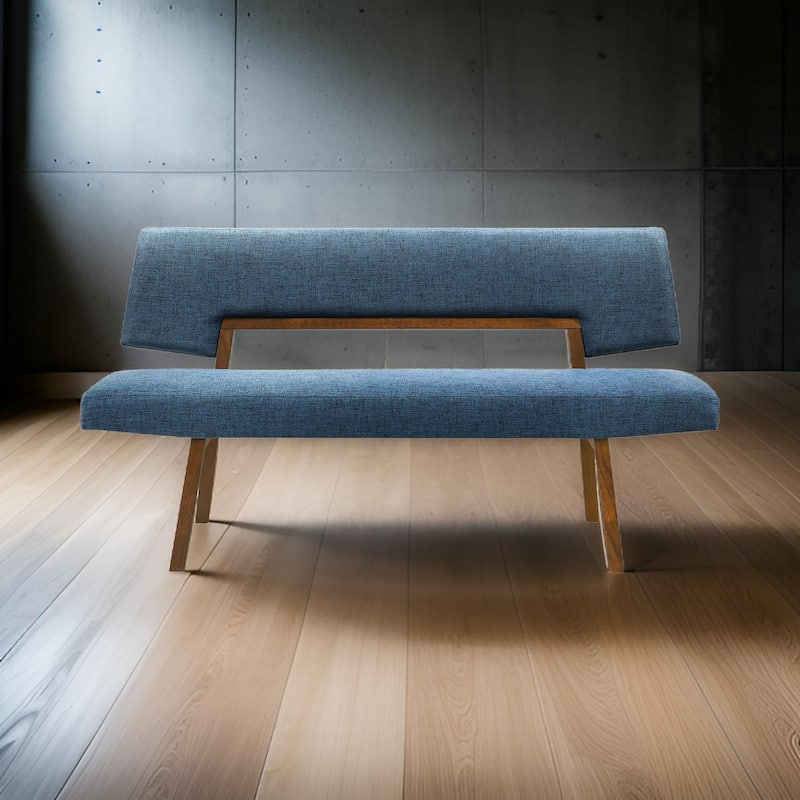 Yumi 63 Inch Dining Bench, Seat and Back with Blue Fabric, Walnut