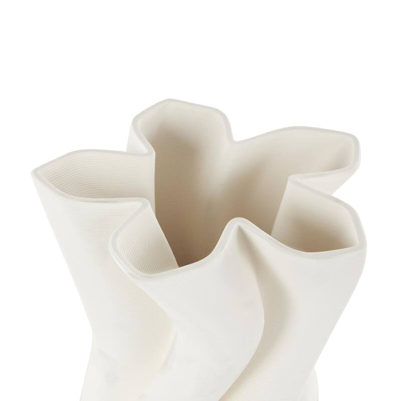Ceramic Abstract Ribbed Dimensional Wavy Decorative Vase with Floral Shaped Rim - White - Roche River Decor