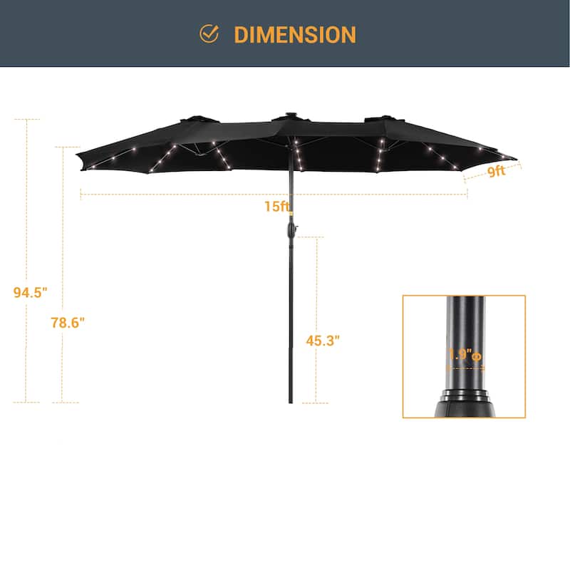 LIVOOSUN 15×9FT LED Double-sided Patio Umbrella with UPF50+ and Handle, and Wind-Resistant Design——Experience Outdoor Comfort
