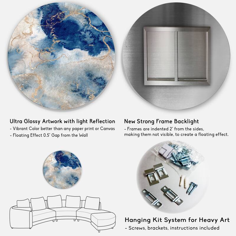 Designart 'Blue And Gold Marble Clouds III' Modern Metal Circle Wall Art
