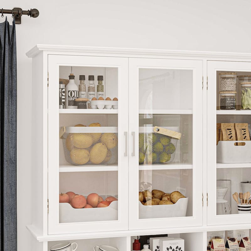 Large Kitchen Pantry Cabinet with Glass Doors and Bottom-Pull Drawers
