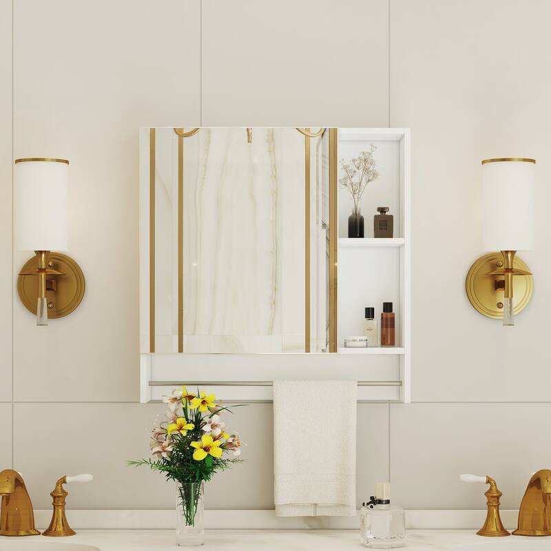 2-in-1 Mirror Cabinet Wall Medicine Cabinet Over The Toilet Storage Cabinet with High-Definition Mirror, Shelves and Towel Rack - White