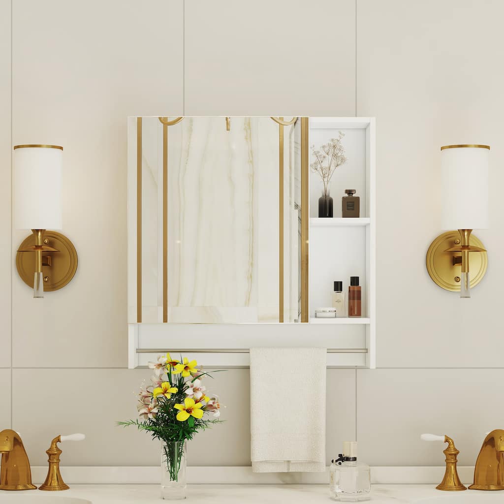2-in-1 Mirror Cabinet Wall Medicine Cabinet Over The Toilet Storage Cabinet with High-Definition Mirror, Shelves and Towel Rack