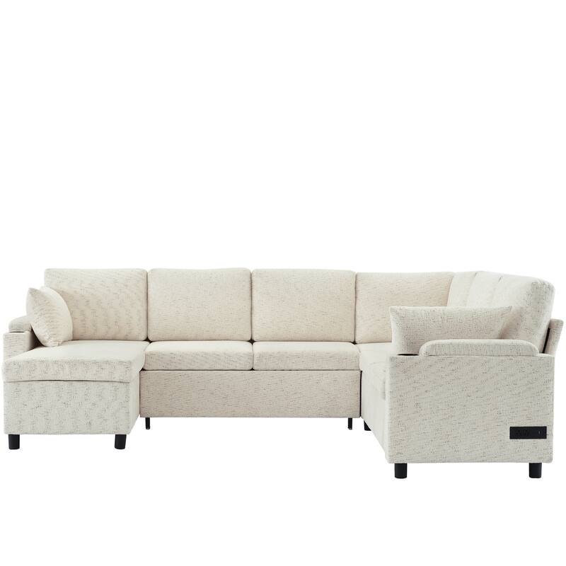 U-Shaped Chenille Sectional Sofa with Storage Chaise Lounge, Convertible Sleeper Sofa Bed with Cup Holders & Charging Ports