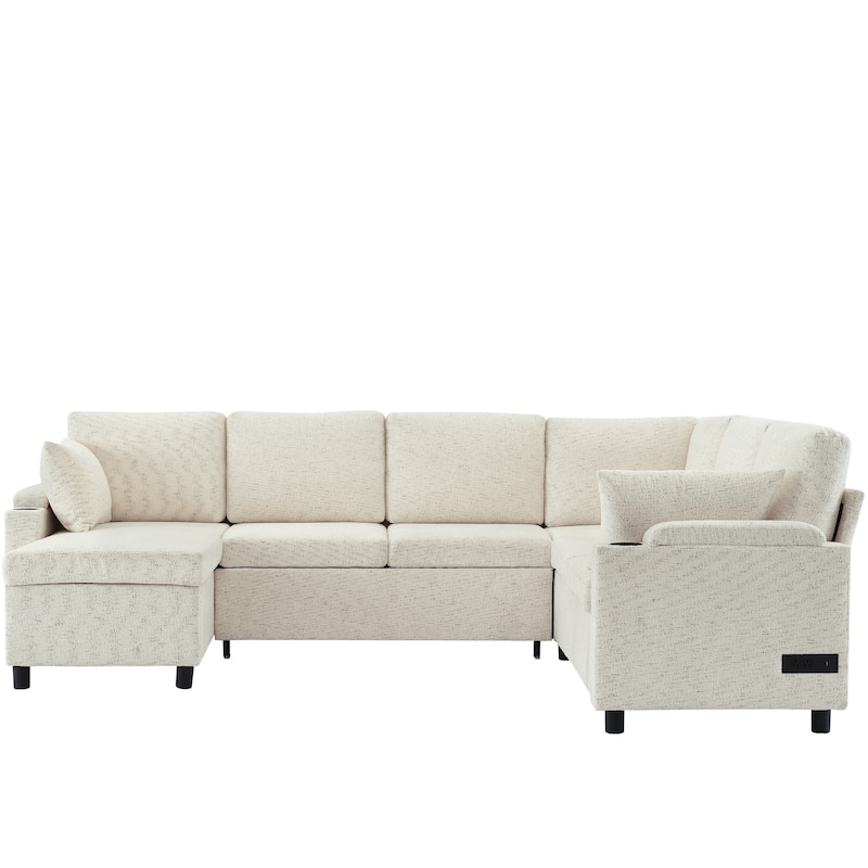U-shaped Sofa, Chenille Sectional Sofa with 2 Cup Holders and Charging Ports Livingroom Sleeper Recliner Sofa Couch
