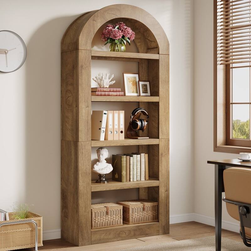 70.9'' Tall Brown Arched Bookshelf with Storage