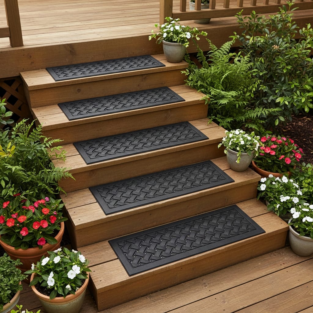 HomeRoots Set Of Six Black Lattice Outdoor Rubber Stair Treads - 9.00' X '30.00