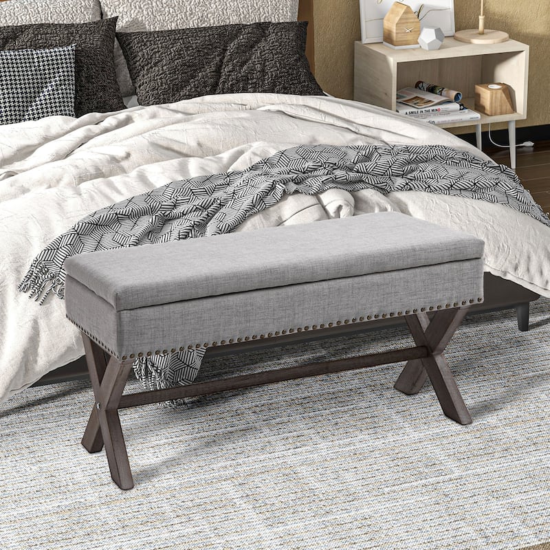 Grey Upholstered Storage Shoe Bench with Nail head Trim for Entryway Bedroom or Living Room Seating