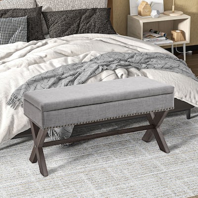 Grey Upholstered Storage Shoe Bench with Nail head Trim for Entryway Bedroom or Living Room Seating
