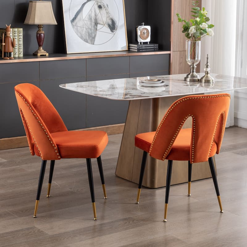 Velvet Upholstered Dining Chairs Set of 2, Thickened Fabric Kitchen Chairs, Leisure Chairs with Nailheads & Metal Legs