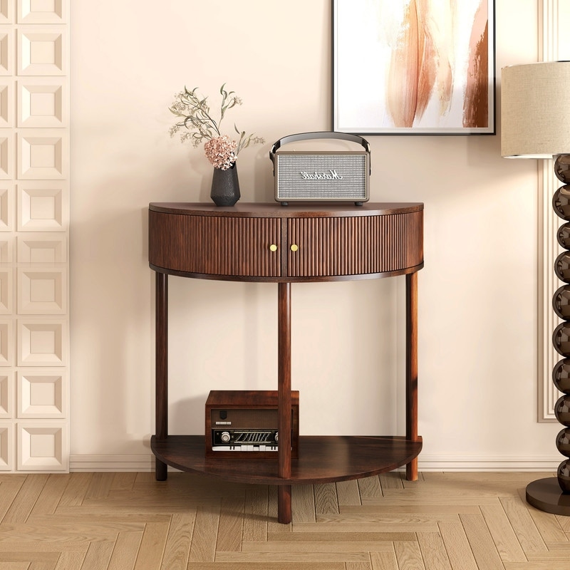 Modern 31.5" Fluted Semi-Circle Narrow Console Table with Drawers and Dual Storage Solutions