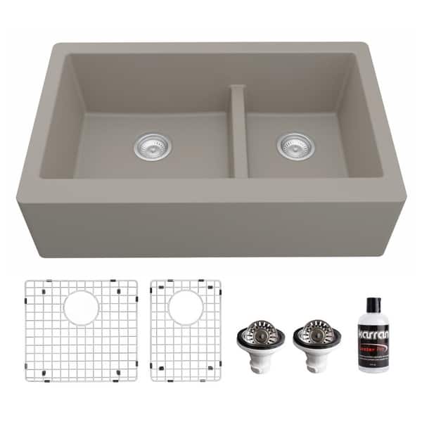 slide 2 of 62, Karran Farmhouse/Apron-Front Quartz Double Bowl Kitchen Sink Kit Concrete