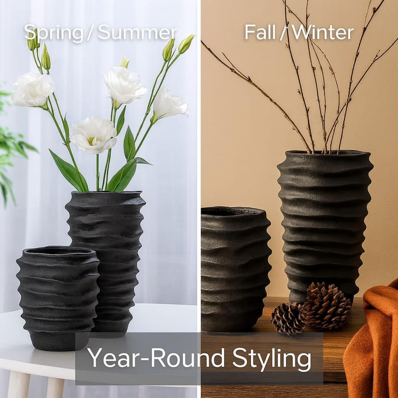 Aria Home Black Ceramic Vase Set of 2 with Large Cylindrical Design