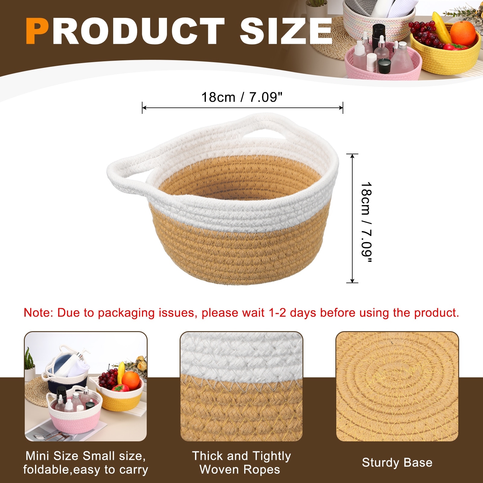 Small Cotton Rope Woven Storage Basket, Cat Ears Decorative Organizer