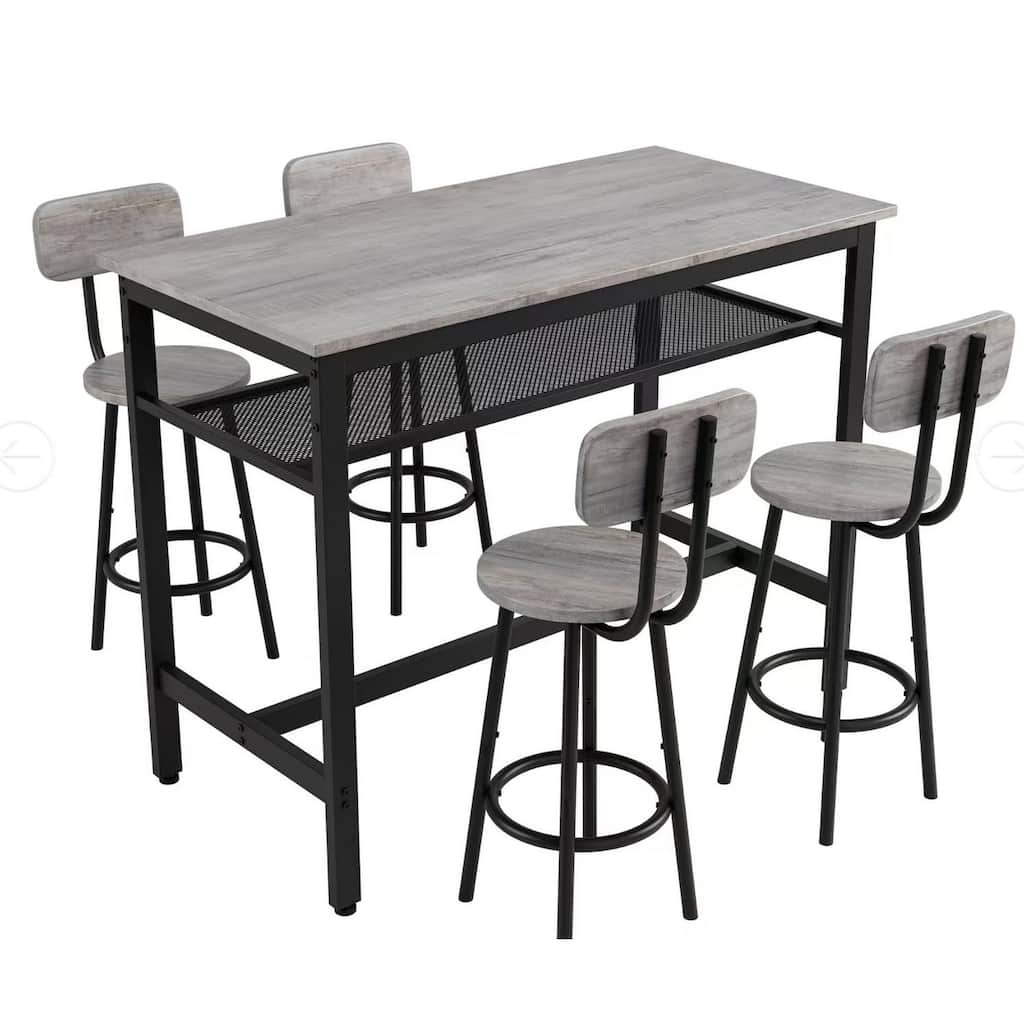 5-Piece Pub Table Set with Shelf Storage & 4 Stools, Multi-Functional Corner Bar Table Set with Backrest Stools, Antique Grey