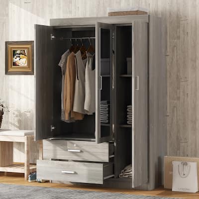 3-Door Mirror Wardrobe with shelves, Gray