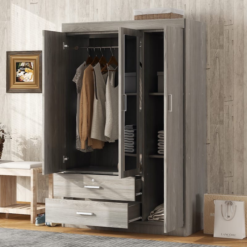 3-Door Wardrobe Armoires with 2 Drawers & Full-Length Mirror