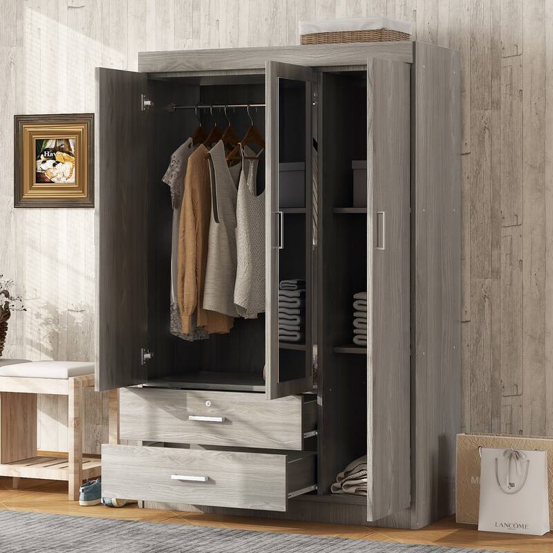 Modern 3-Door Mirror Wardrobe with Shelves and 2 Drawers, Grey