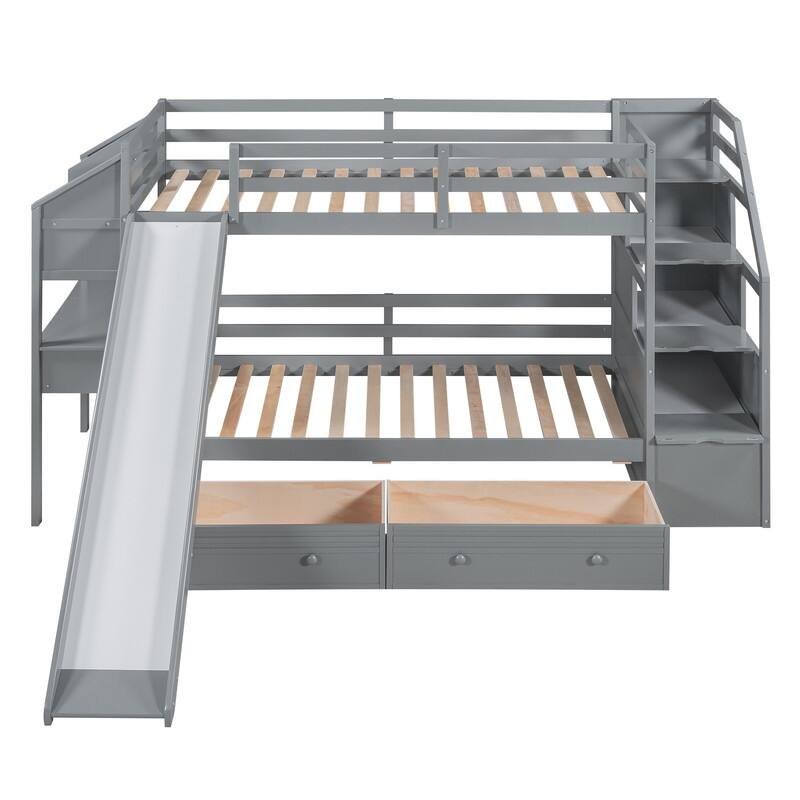 Twin over Twin Bunk Bed with Storage Staircase, Slide and Drawers, Desk