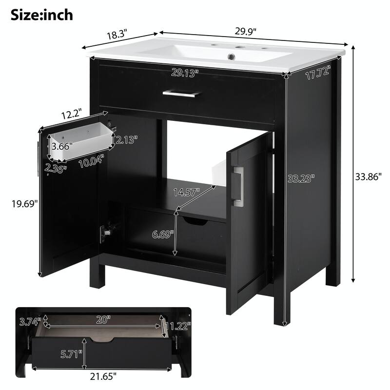 30" Bathroom Vanity with Ceramic Sink and Ample Storage