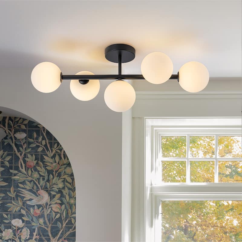 5-Light Dimmable Semi Flush Mount Ceiling Light with Globe Opal Shade - W26.38" - Black