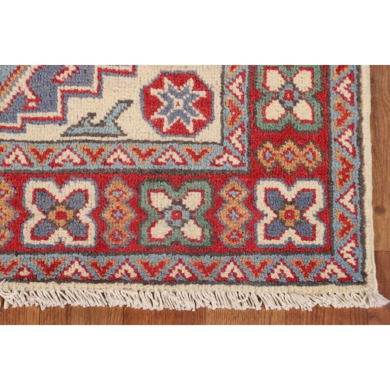 Ivory Geometric Kazak Accent Rug Hand-Knotted Wool Carpet - 2'7" x 4'3"