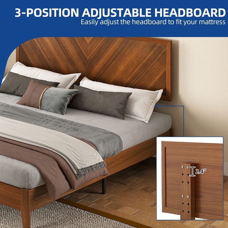 Moasis Farmhouse Rustic Brown Wood Bed Frame with Adjustable Headboard&Slats Support