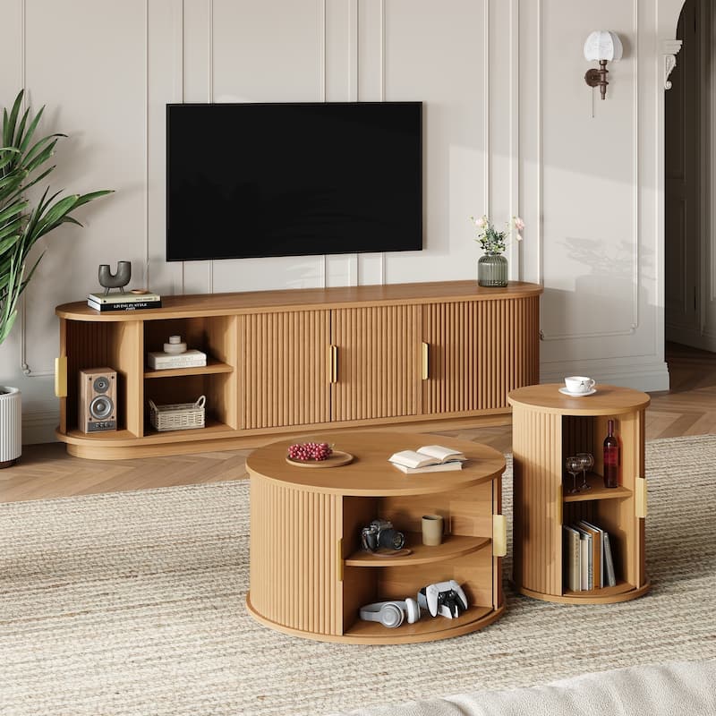 Fluted Sliding Door TV Stand & Coffee Table Set, Wooden Media Cabinet TV Console for TVs up to 75", 3-Piece Living Room Set