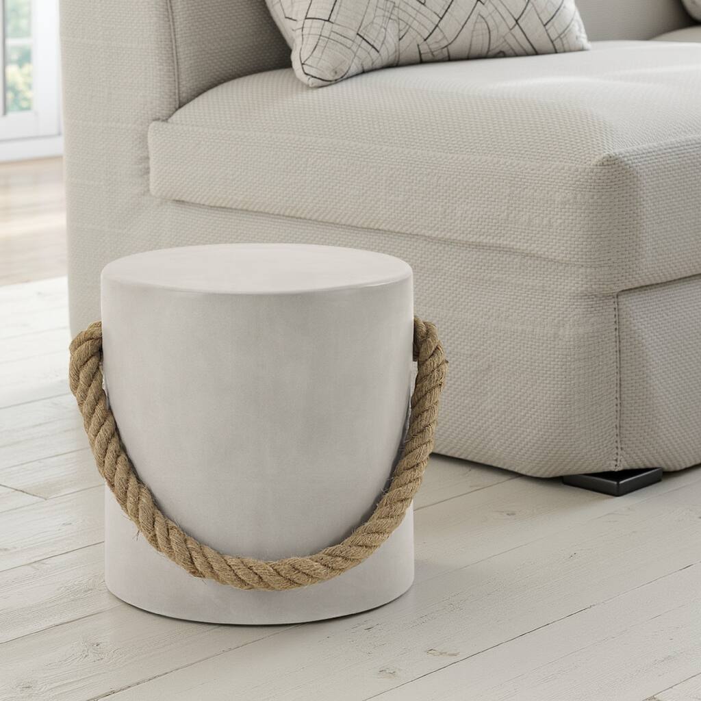 Rennie Accent Table, Natural Gray Cement, Rope Handle, Round 16 Inch