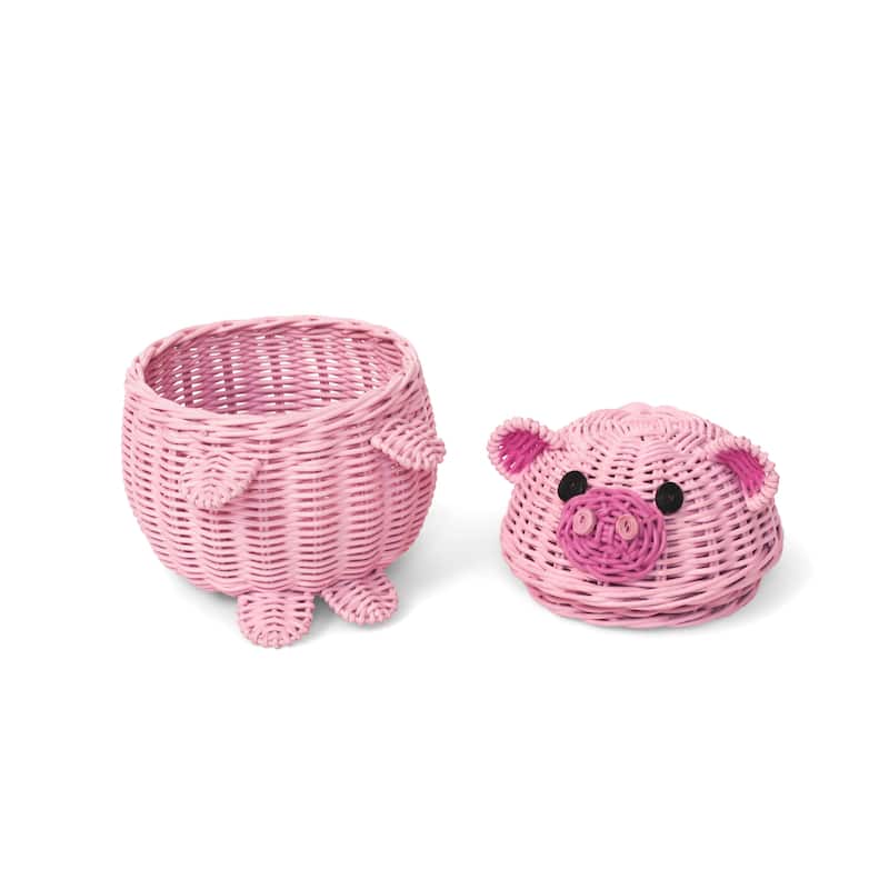 Pig Rattan Storage Basket with Lid Decorative Home Decor Hand Woven Shelf Organizer Cute Handmade Handcrafted Gift Decoration