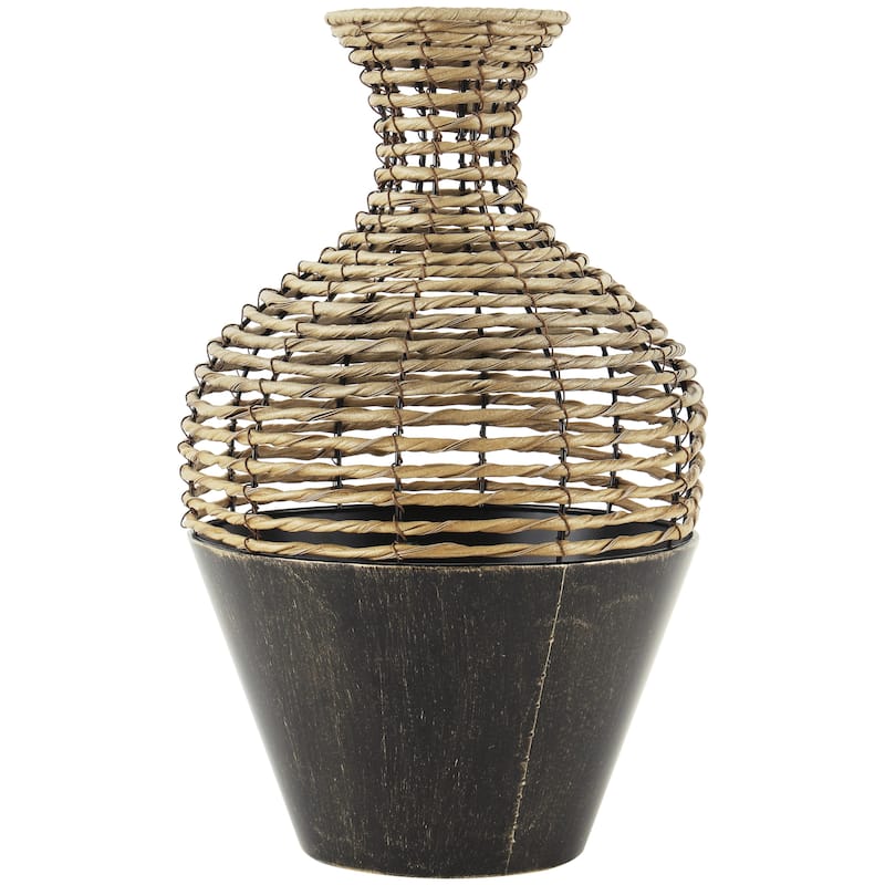 Plastic Rattan Handmade Twisted Decorative Vase with Open Frame Design and Bronze Metal Base - Bronze - Roche River Decor