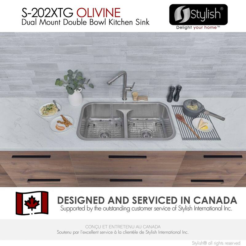 STYLISH 32.25 inch Low Divider Double Bowl Undermount and Drop-in Kitchen Sink - 32.25" x 18.9" x 9"