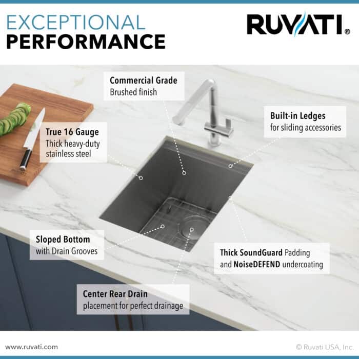 Ruvati 15" Workstation Bar Prep Sink Ledge Undermount 16 Gauge Stainless Steel Single Bowl - RVH8304 - 8' x 11'