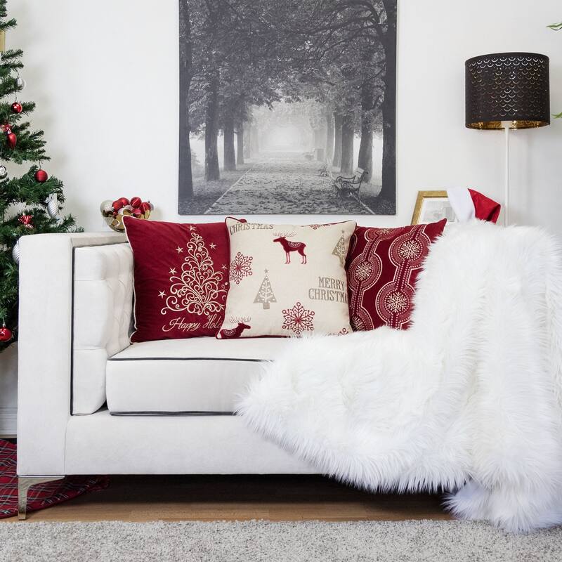 Merry Christmas Embroidered Poly Linen Throw Pillow