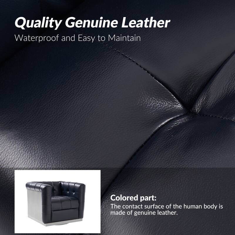 Jeremias Mid-certury Modern Genuine Leather Tufted Swivel Club Chair with Wooden Apron by HULALA HOME
