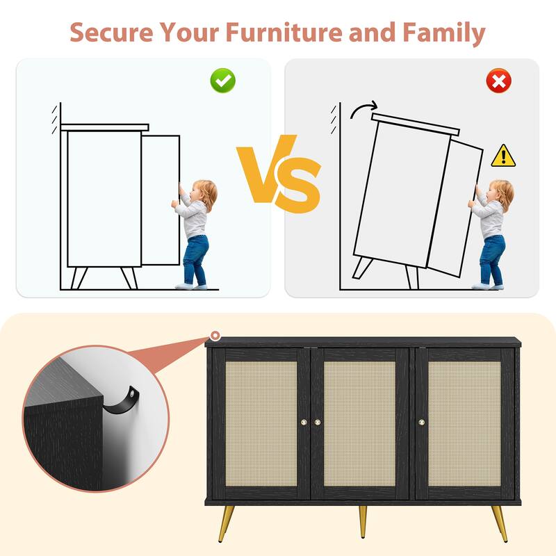 Rattan Storage Cabinet With 3 Door, Farmhouse Style Buffet Sideboard - N/A