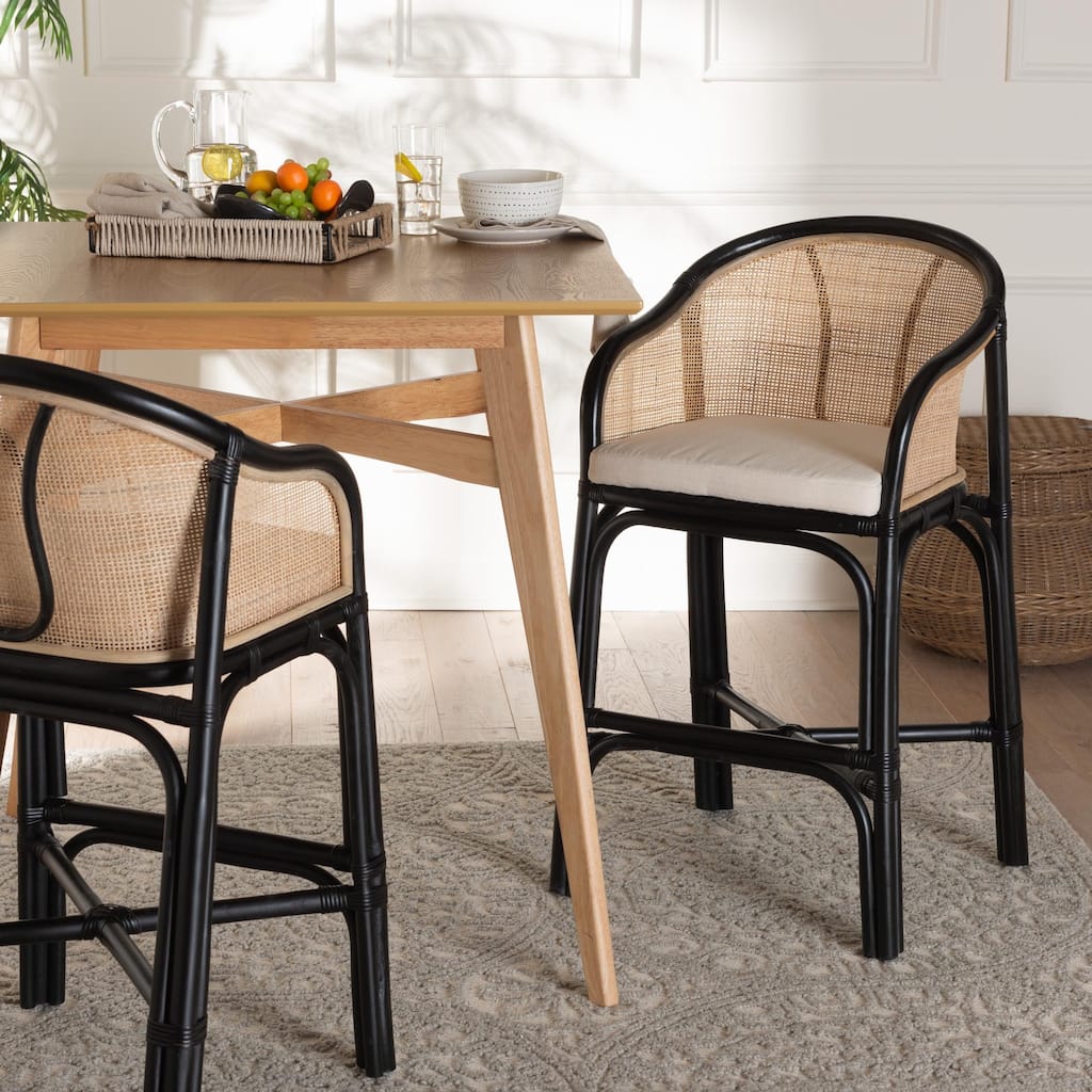 bali & pari Miranda Modern Bohemian Two-Tone Black and Natural Brown Rattan Counter Stool