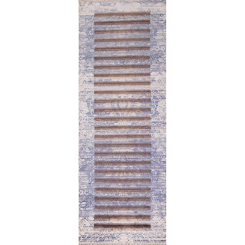 Striped Abstract Oriental Runner Rug Handmade Wool Carpet - 2'7"x 9'10"